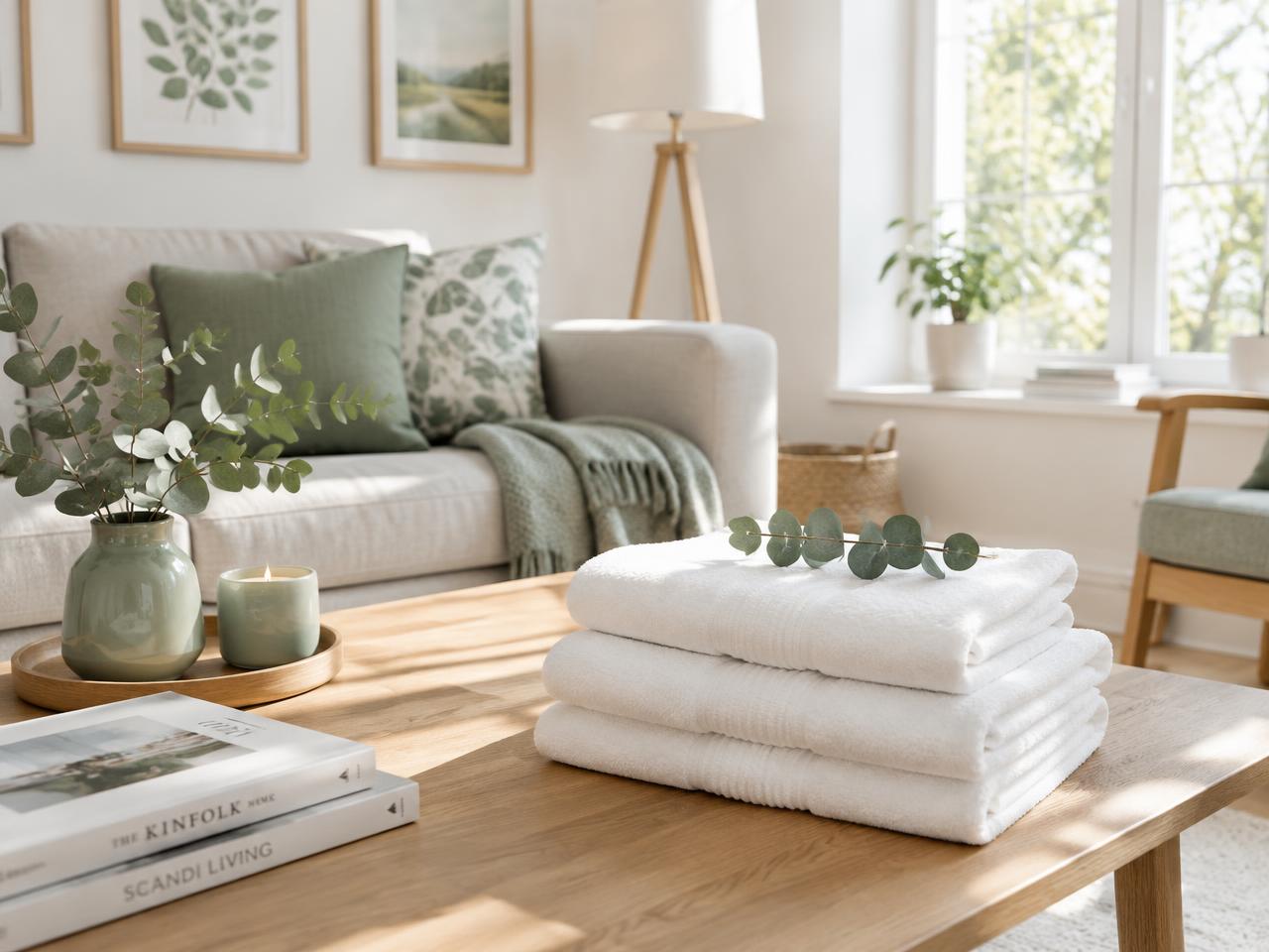 Bright, tidy living room with folded white towels and a eucalyptus sprig on a wooden table